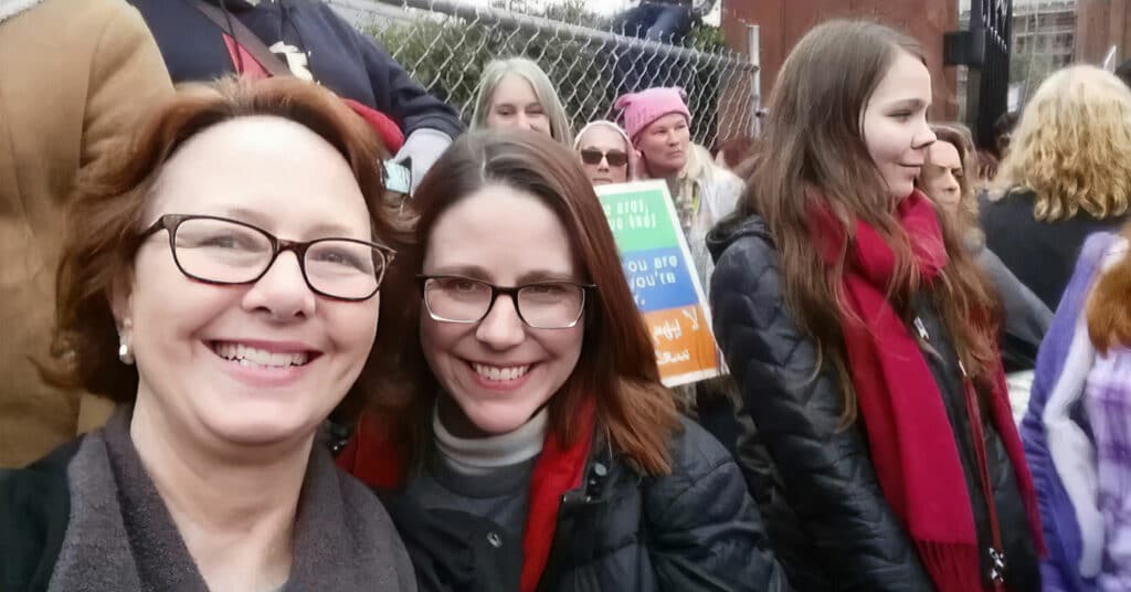 Alison Brazil and Karen Engstrom pose for a selfie at the Women’s March on Washington.