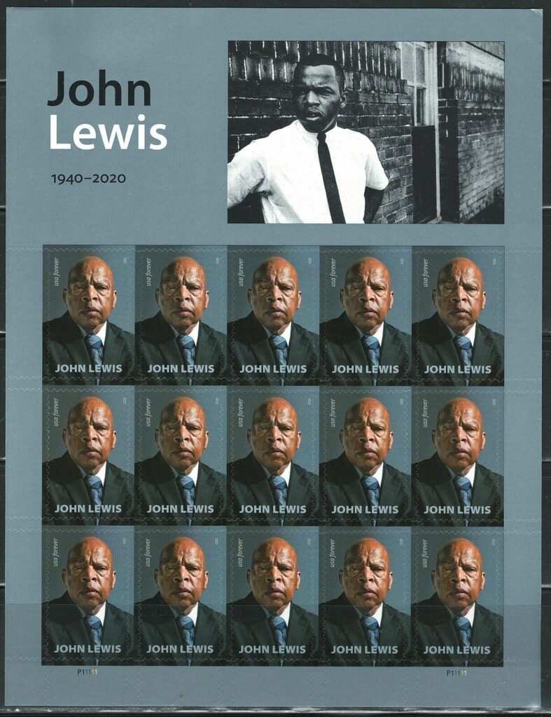 A panel of John Lewis commemorative stamps.